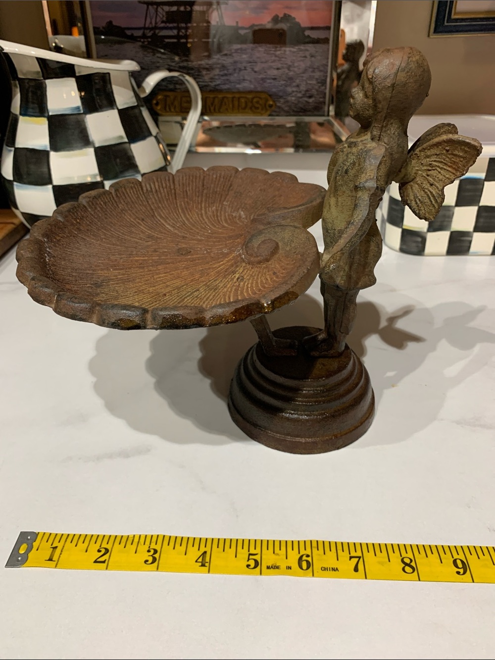 vintage-style 9”H cast iron fairy bird bath/bird feeder